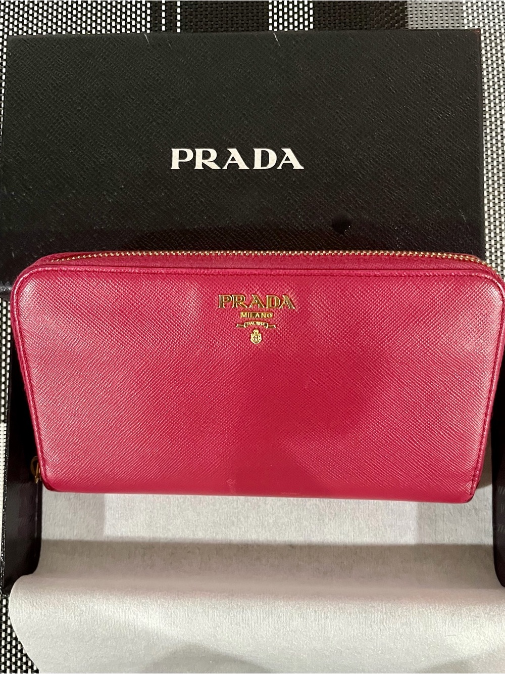 Prada Pink Saffiano Zip-Around Leather Wallet with Gold Logo